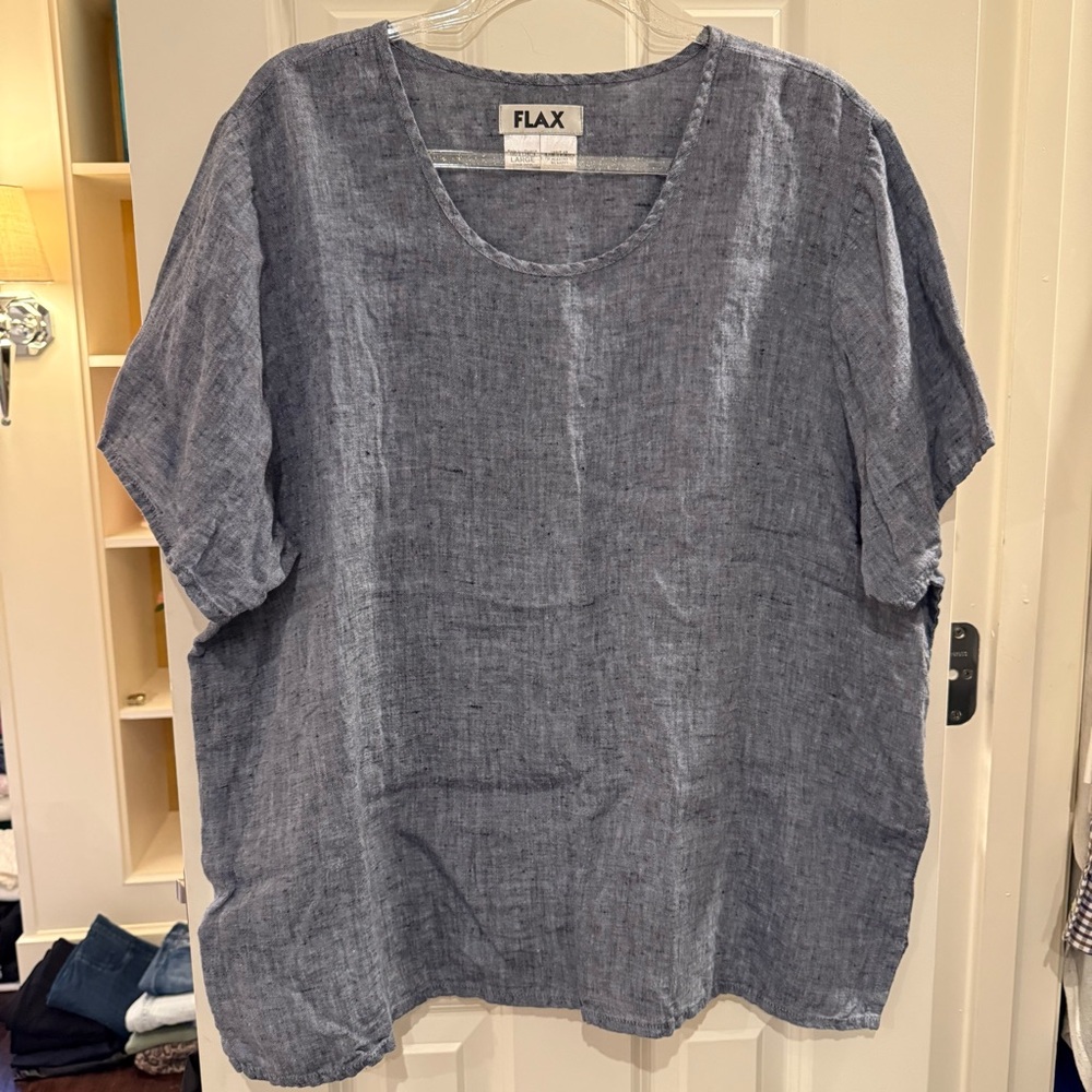 Flax 100% Linen Blouse Denim Blue size Large Lagenlook Boho
